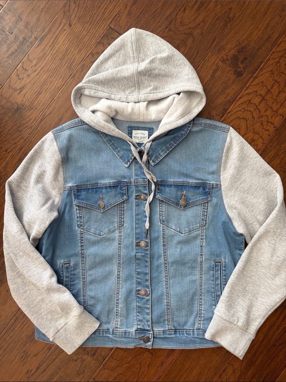 Womens XL Light Blue Denim Jacket with Heather Gray Hood and Sleeves